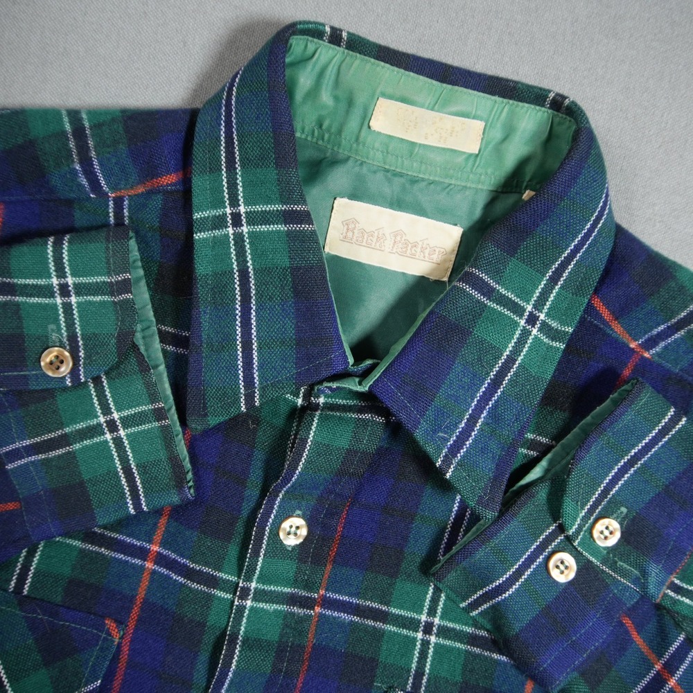 VTG 70s Western Cowboy Plaid Cabin Rustic Double Pocket Men Shirt M Back Packer